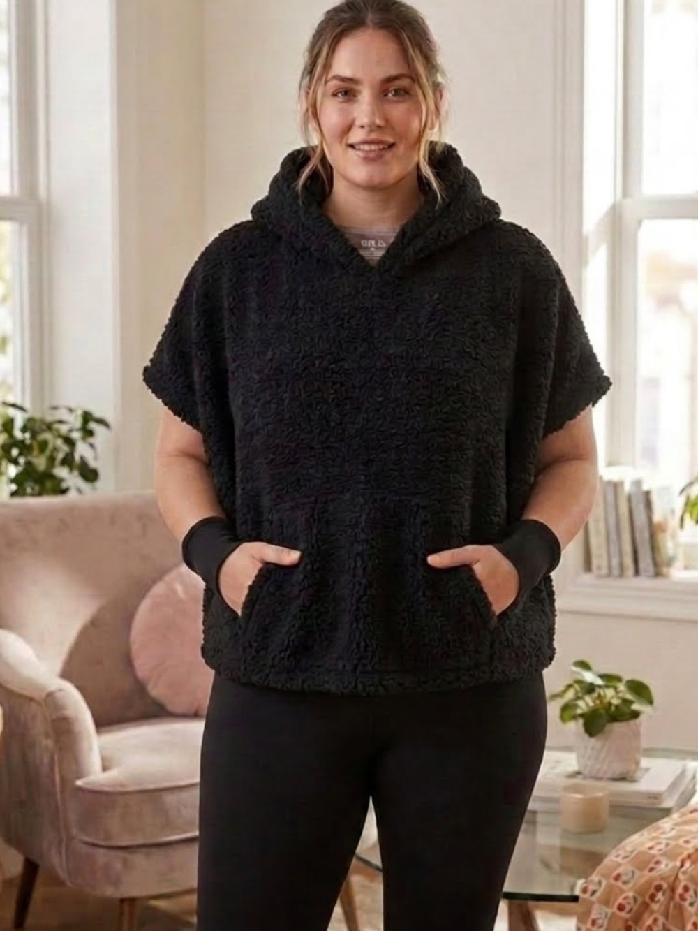 Jenni Hooded Sherpa Pocket Poncho Black OS Oversized Cozy Loungewear